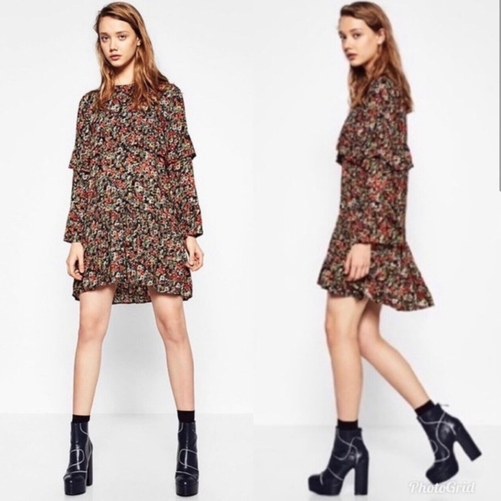 Zara Womens Floral Ruffle Tunic Mini Dress Size XS Long Bell Sleeve Boho Prairie